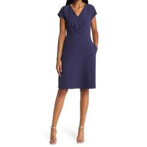 Tahari ASL V-Neck Twist Front Fit & Flare Dress Knee Length Navy Womens Size 6